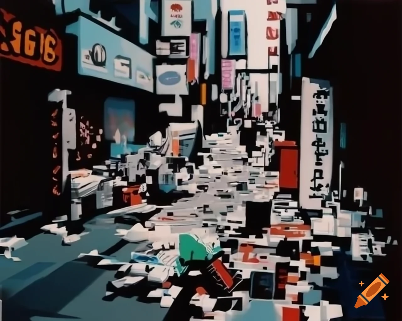 1990 retro impressionist pixel art depicting Harajuku street influenced by fast fashion