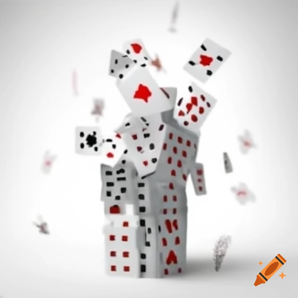 Collapsing tower of cards on white background