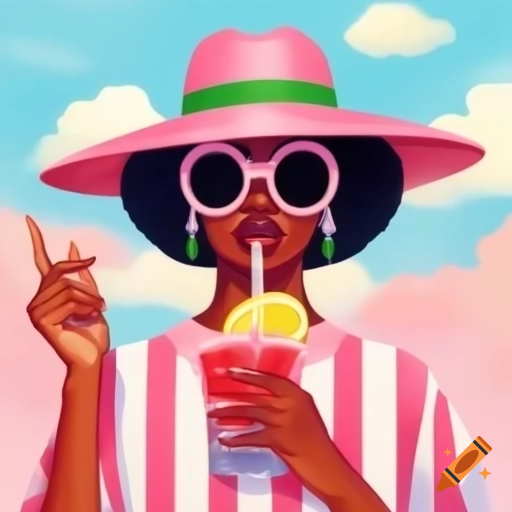 Fashionable African American woman with retro vibe sipping drink, loose watercolor illustration