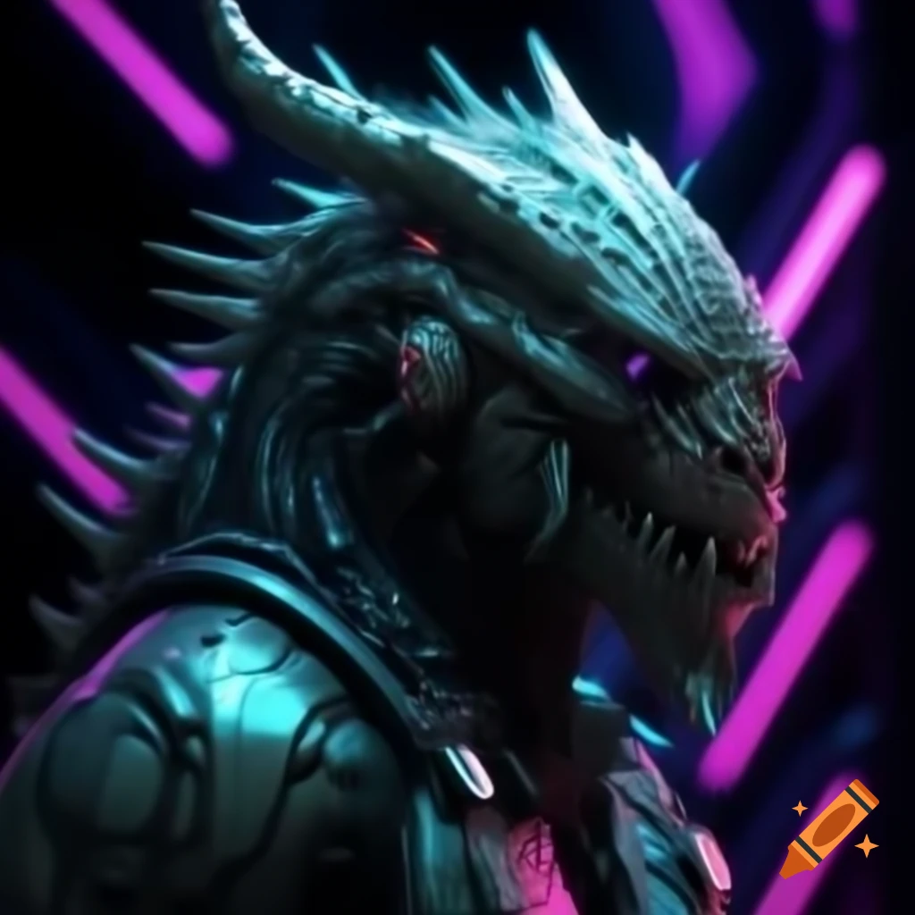 Cyberpunk mythical creature with neon lighting and holographic technology