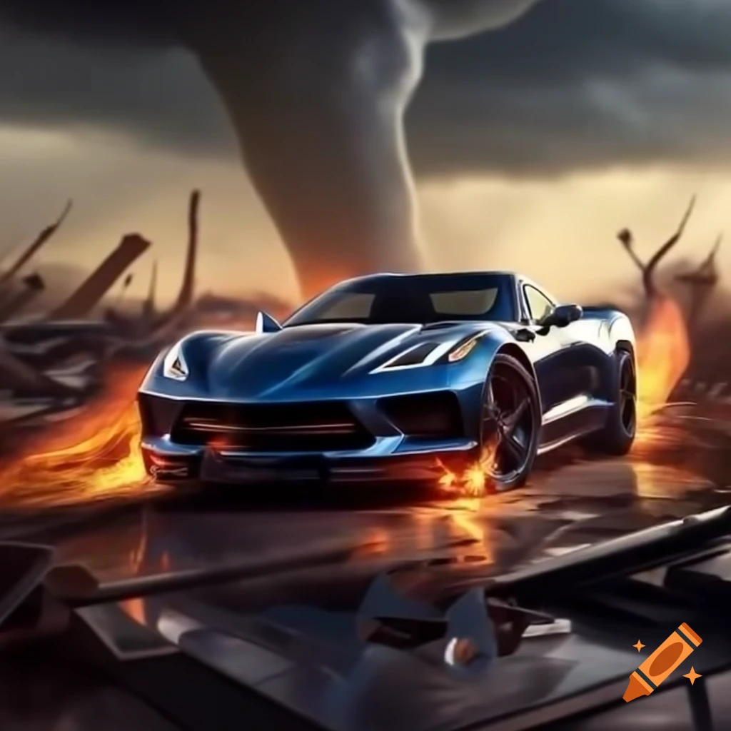 Chevy Corvette performing burnouts on skyscraper with tornado backdrop