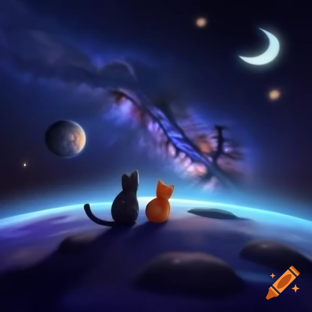 Two cats sitting on a planet with the Milky Way galaxy in the background