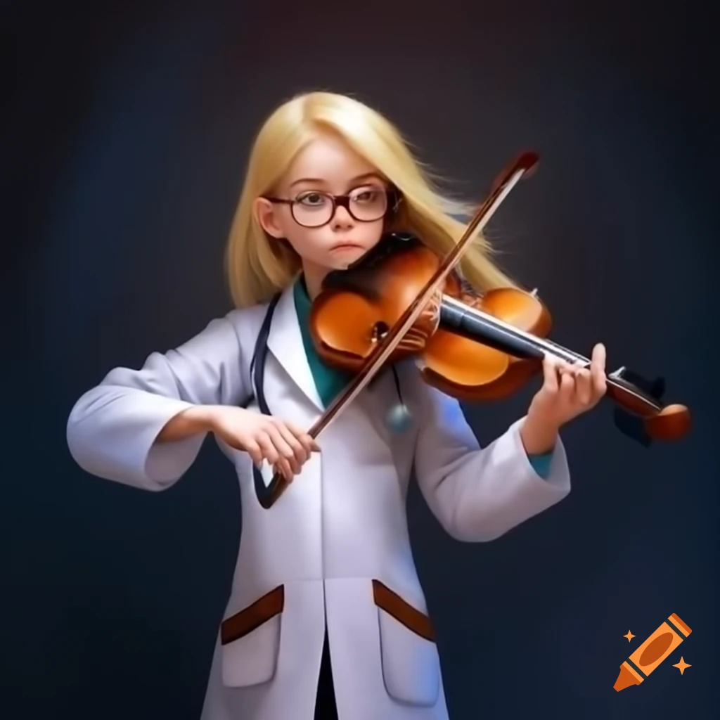 Blond female doctor playing violin