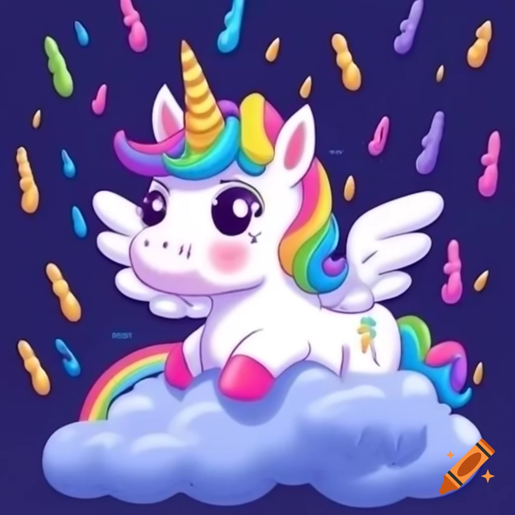 Cartoon unicorn with golden horn and wings under rainbow with sweets raining