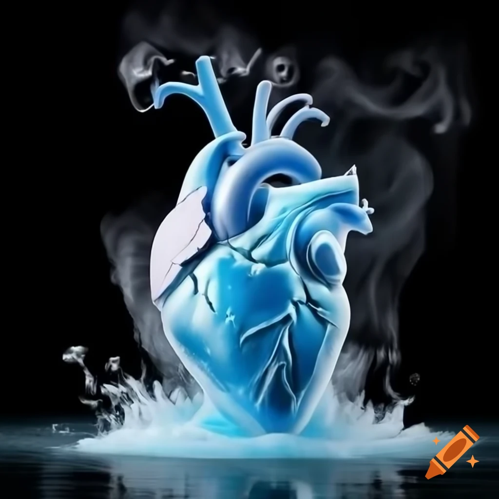 Realistic frozen heart in icy blue with white smoke on black background