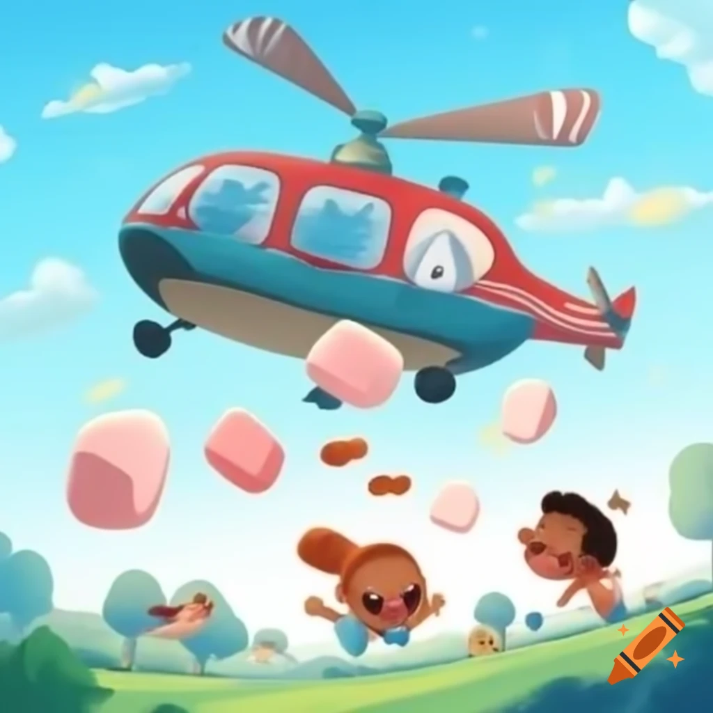 Marshmallows falling from helicopter to excited children