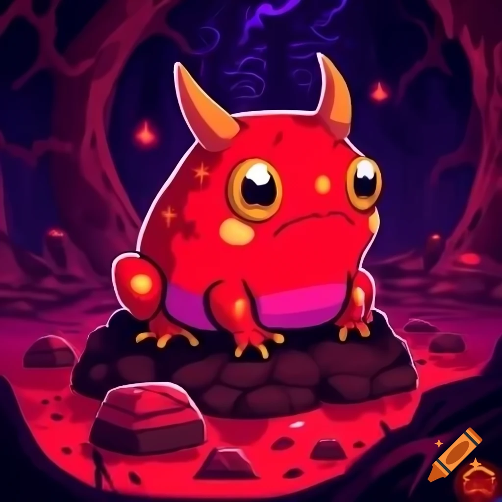 Cute devil horned frog in red and purple hell scenery, anime style