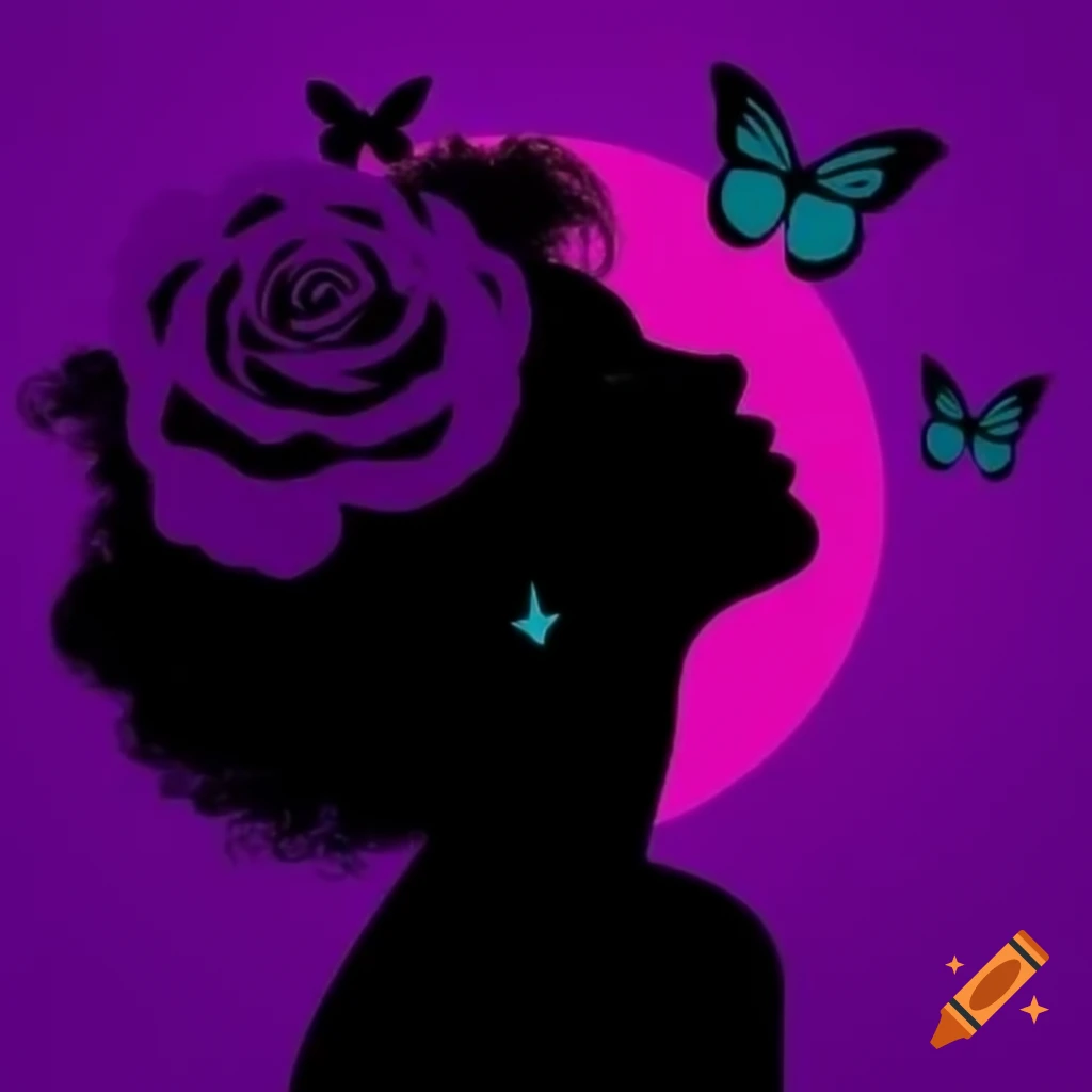 Silueta de mujer con rosas y mariposas violetas