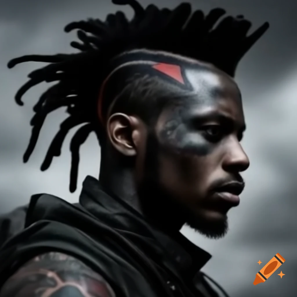 Black male with dreadlock mohawk and military tattoos