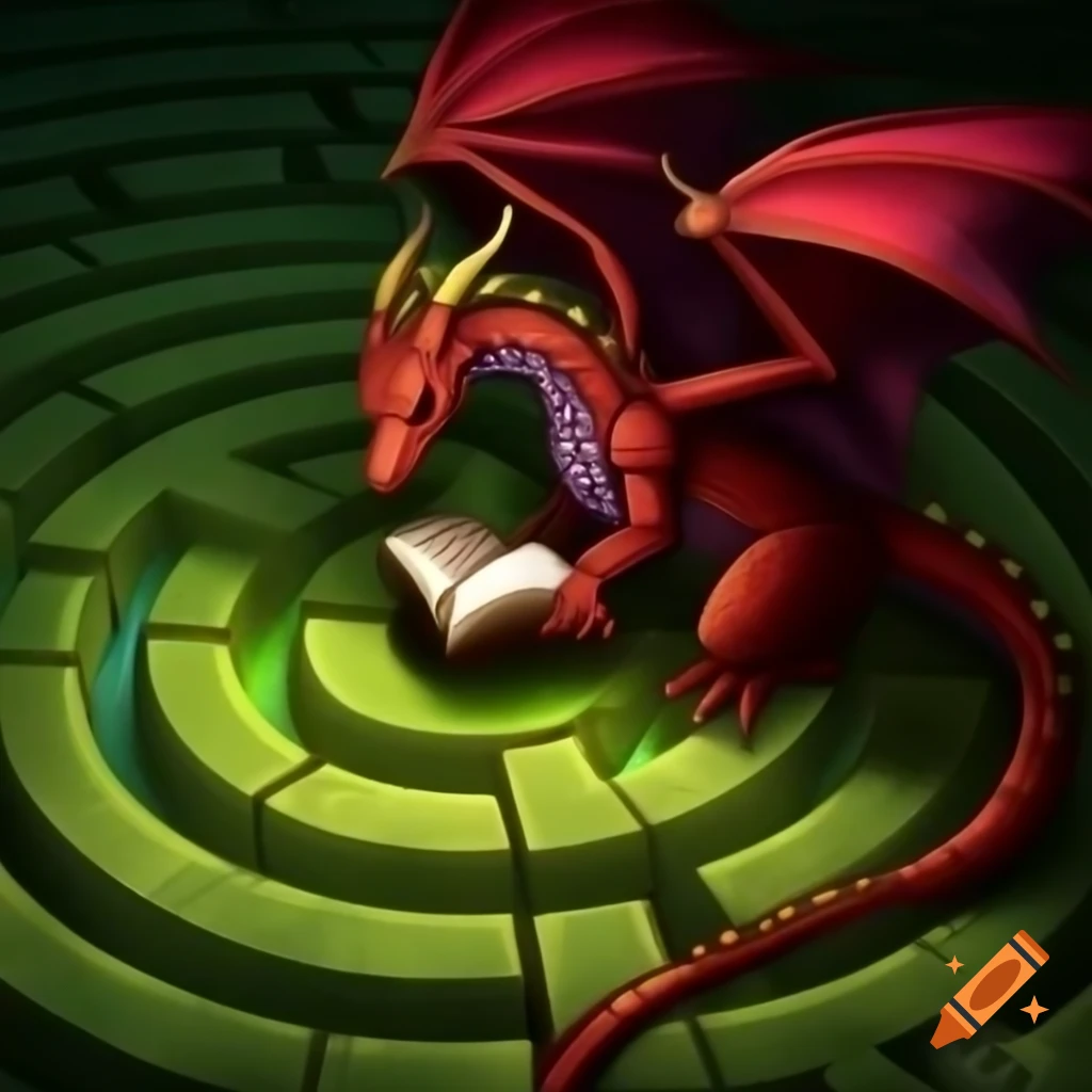 Stained glass art of inactive dragon reading in labyrinthine meadow, pointillism style