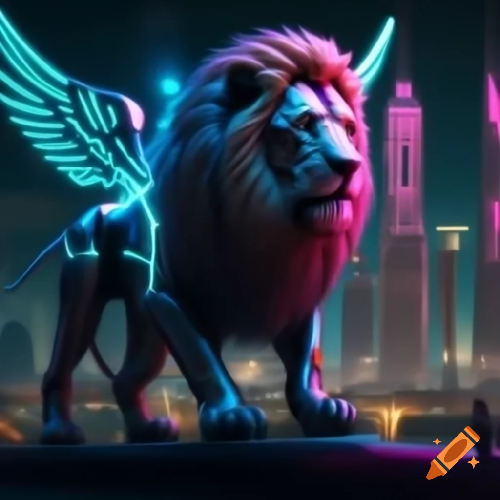 Futuristic city with neon lights and a lion with wings flying