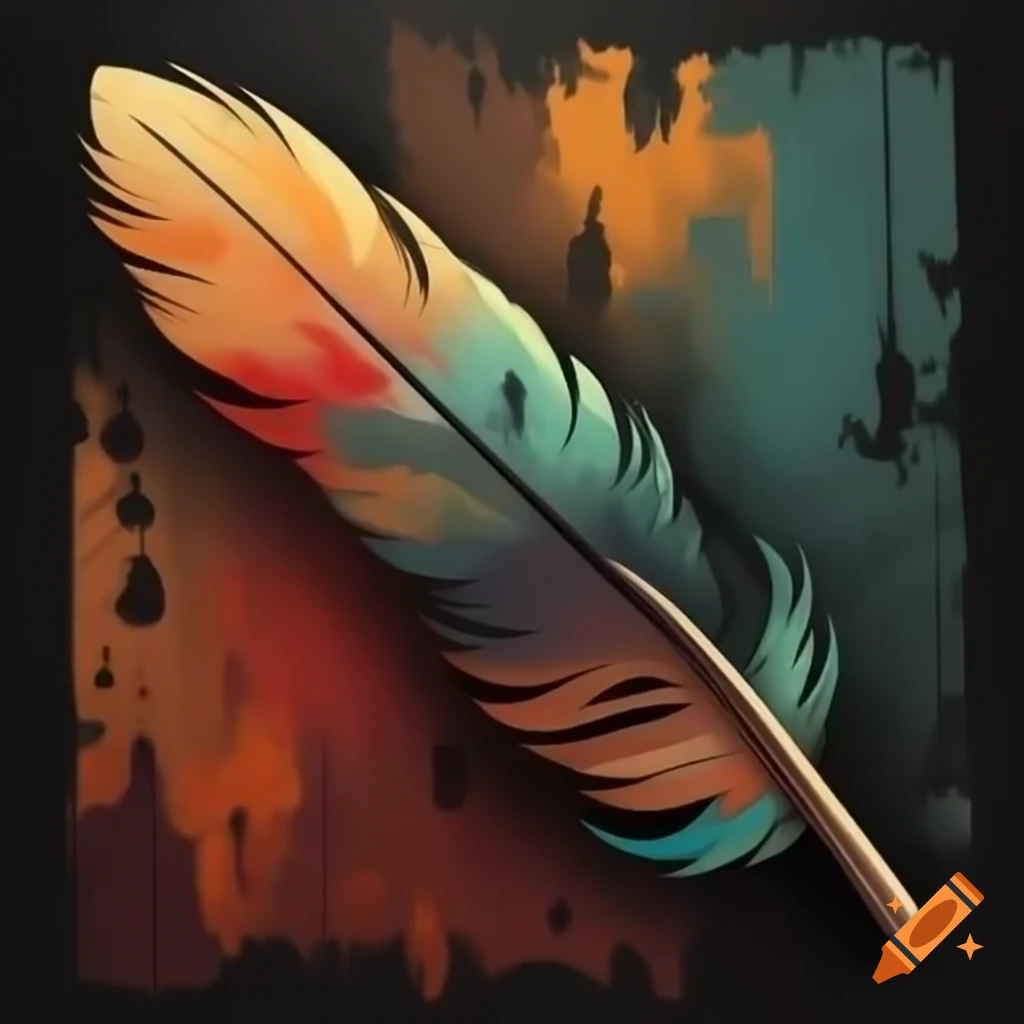 Multicolored feather with gritty, rugged post-apocalyptic urban backdrop