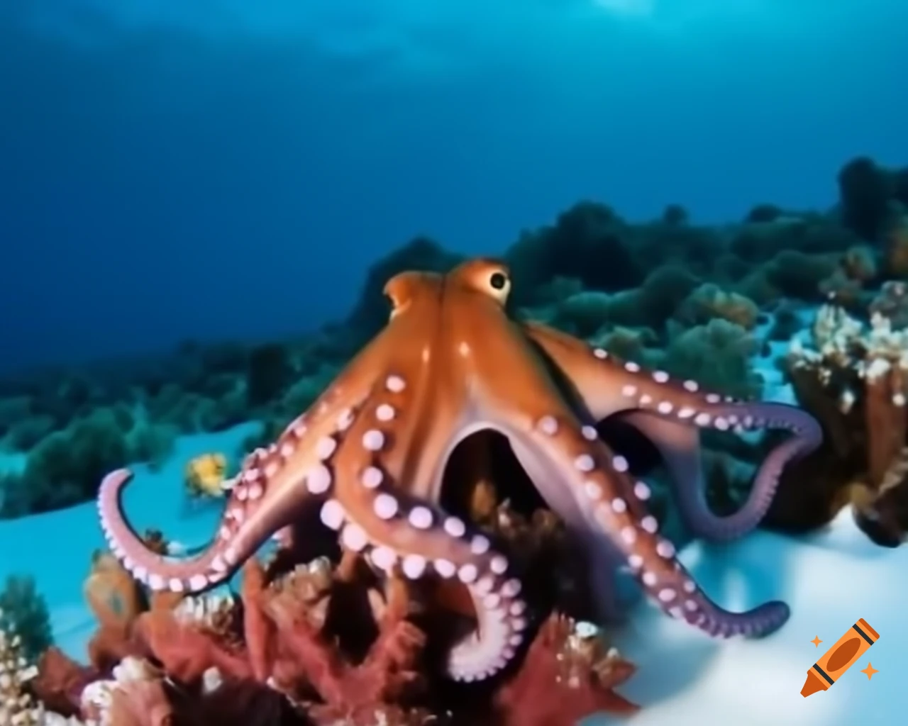 Close-up of an octopus swimming among snowy corals and marine vegetation