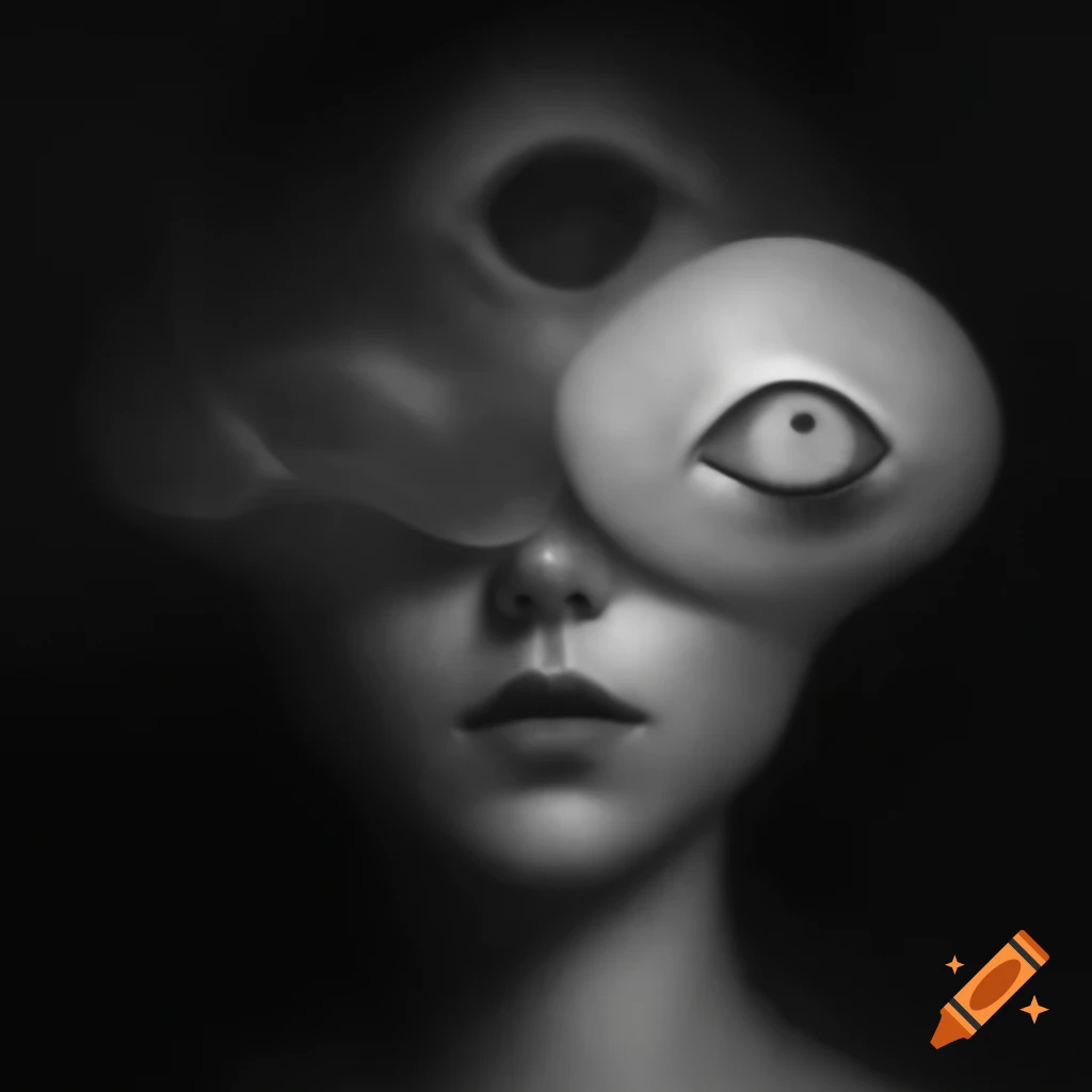 Surrealist monochrome artwork with abstract elements