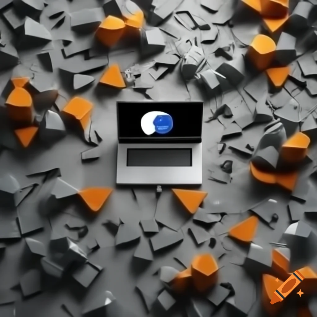 Dynamic collage of silver laptop, black headphones, and white router with colorful geometric shapes