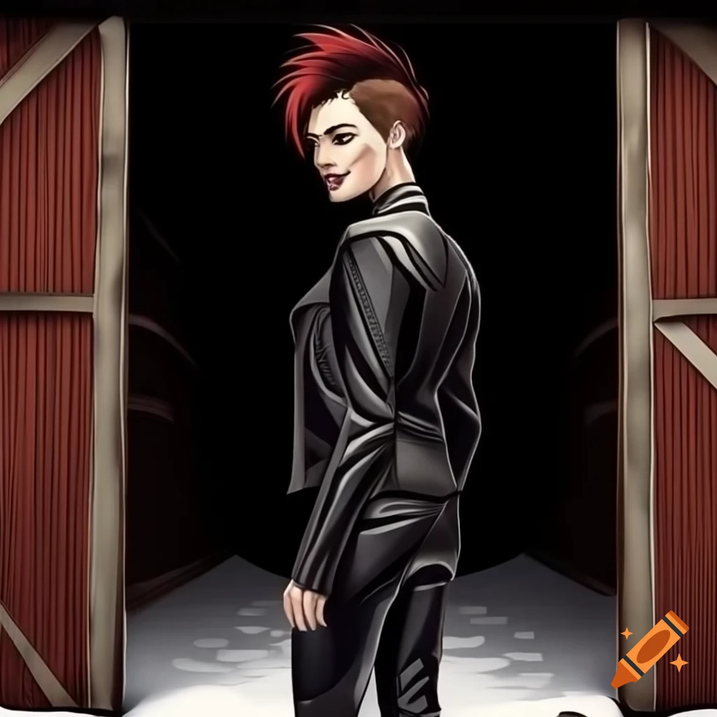 Punk rocker with mohawk hairstyle, black leather jacket and trousers, relaxed pose