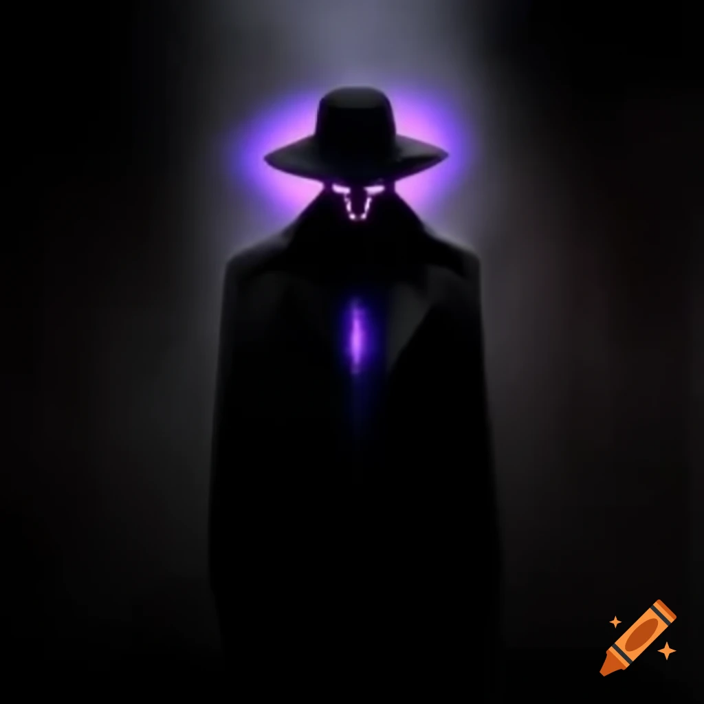 Man in black trenchcoat with glowing purple eye in dark setting