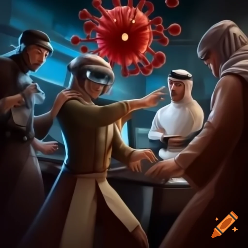 Cybersecurity professionals in traditional Arab attire battling computer viruses in a Renaissance-style painting