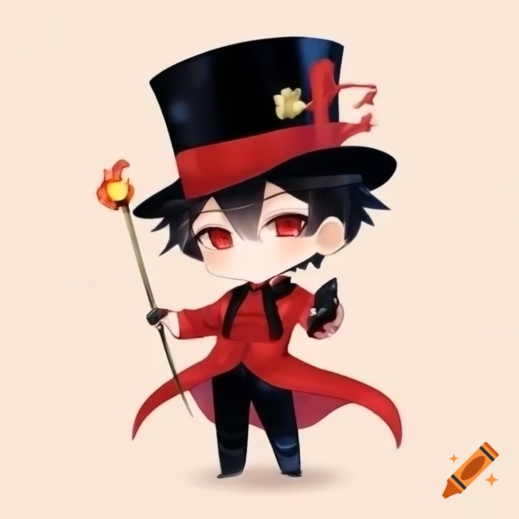 Chibi anime magician boy with black hair, top hat, and red suit