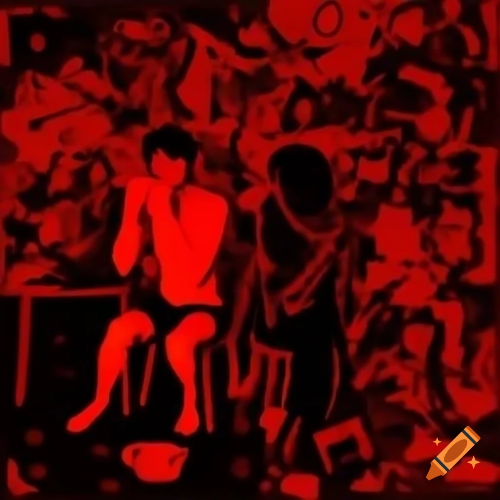 Collage painting featuring various people and objects in red and black