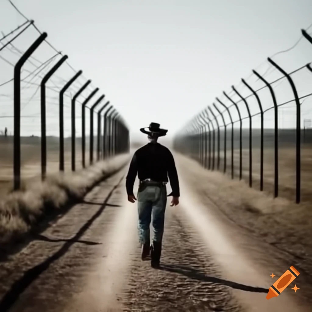 Cowboy walking on dirt road with barbed wire fences