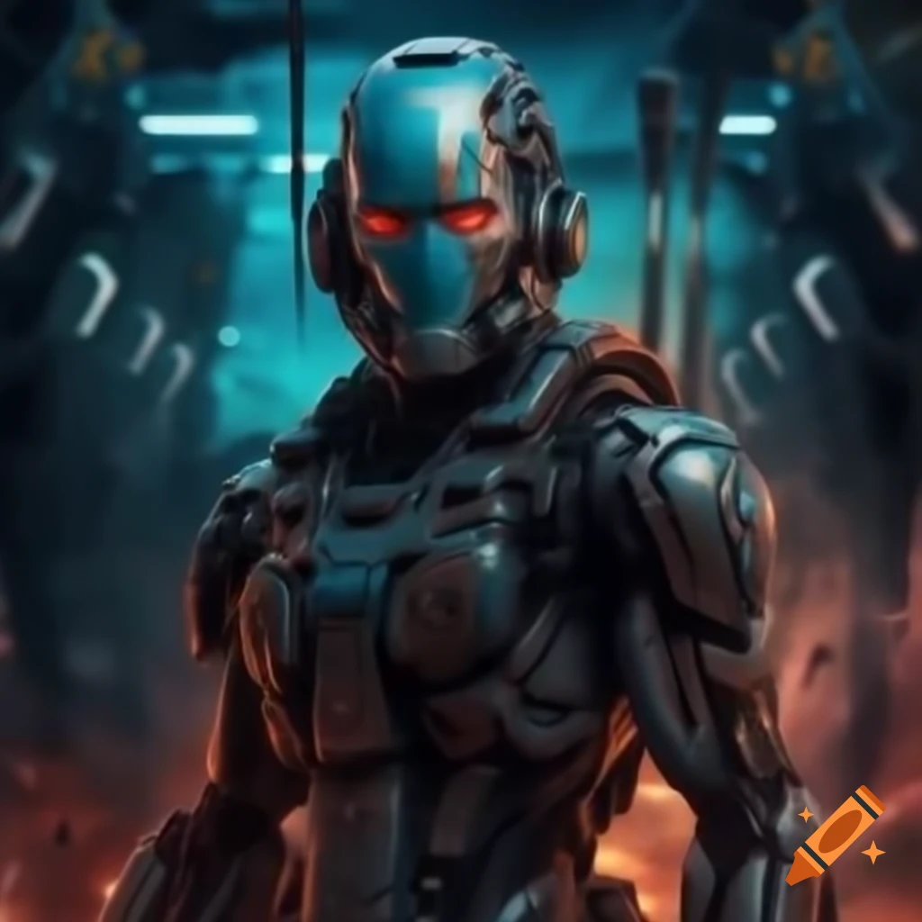 Cyborg warrior in high-tech battlefield with vibrant blue and black colors