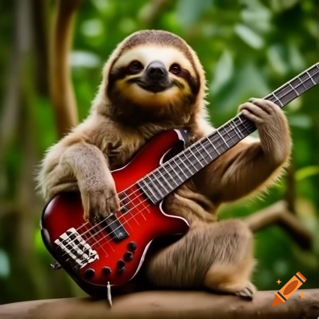 Sloth playing four-string bass guitar with colorful balloons in background