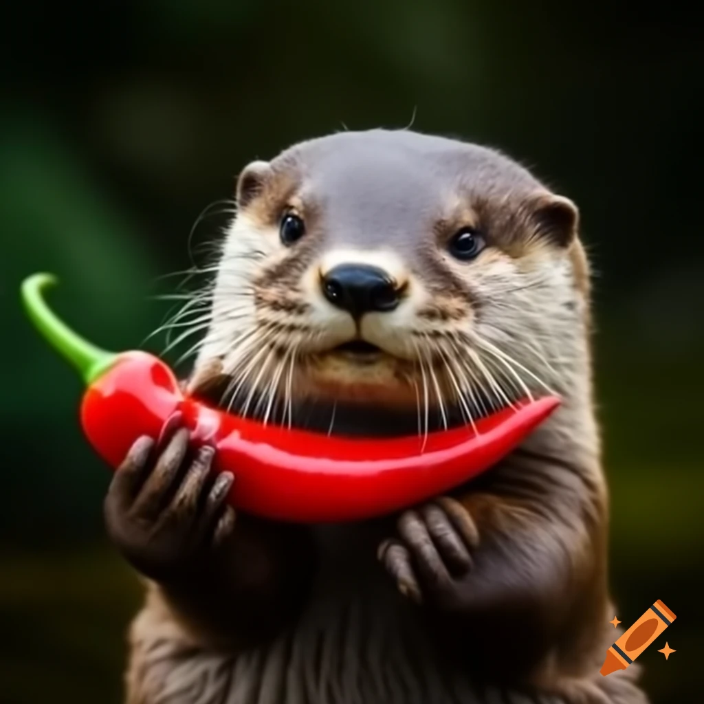 Otter holding a red chili pepper