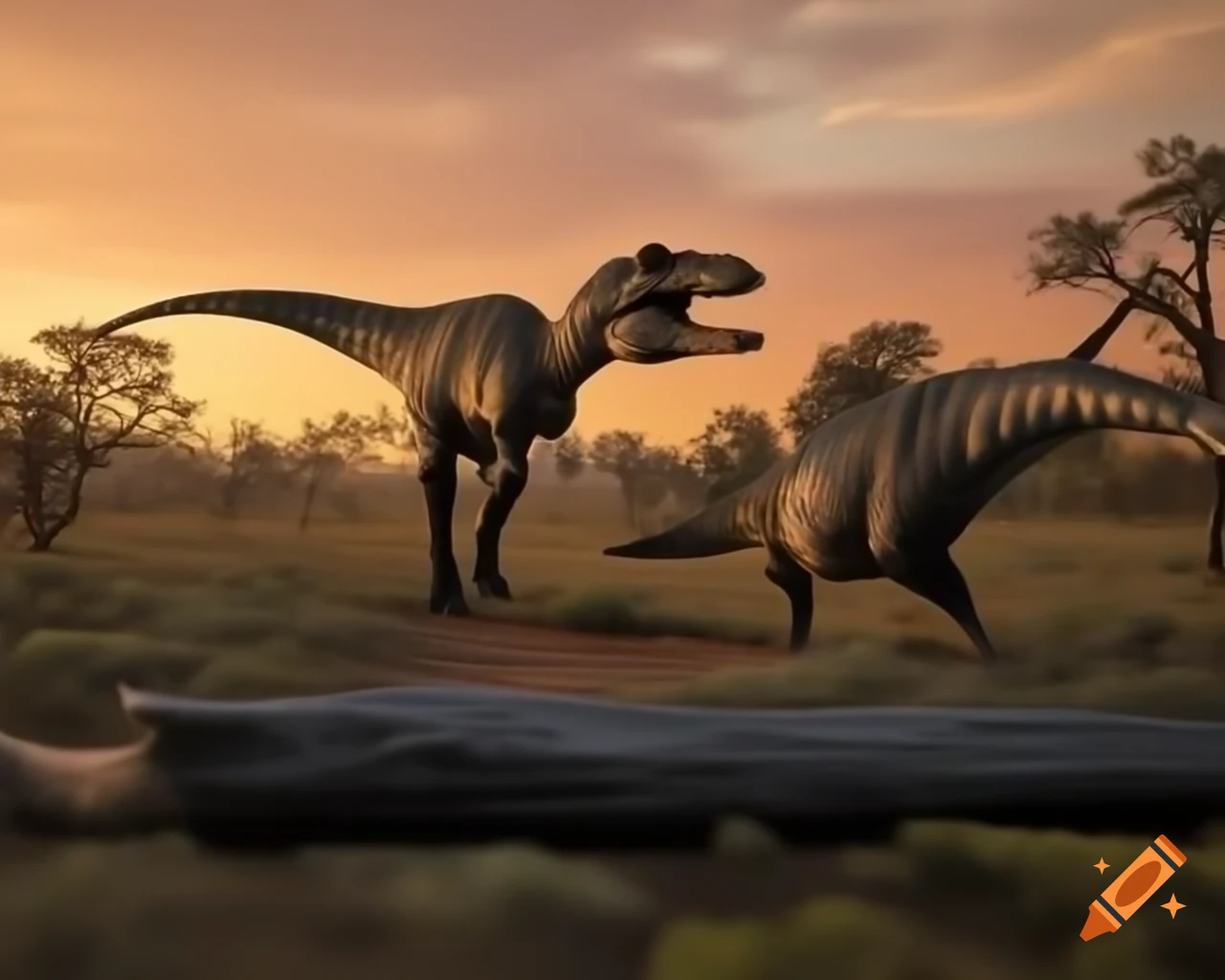 Cinnamon and grey striped hadrosaurus in Australian outback during golden hour