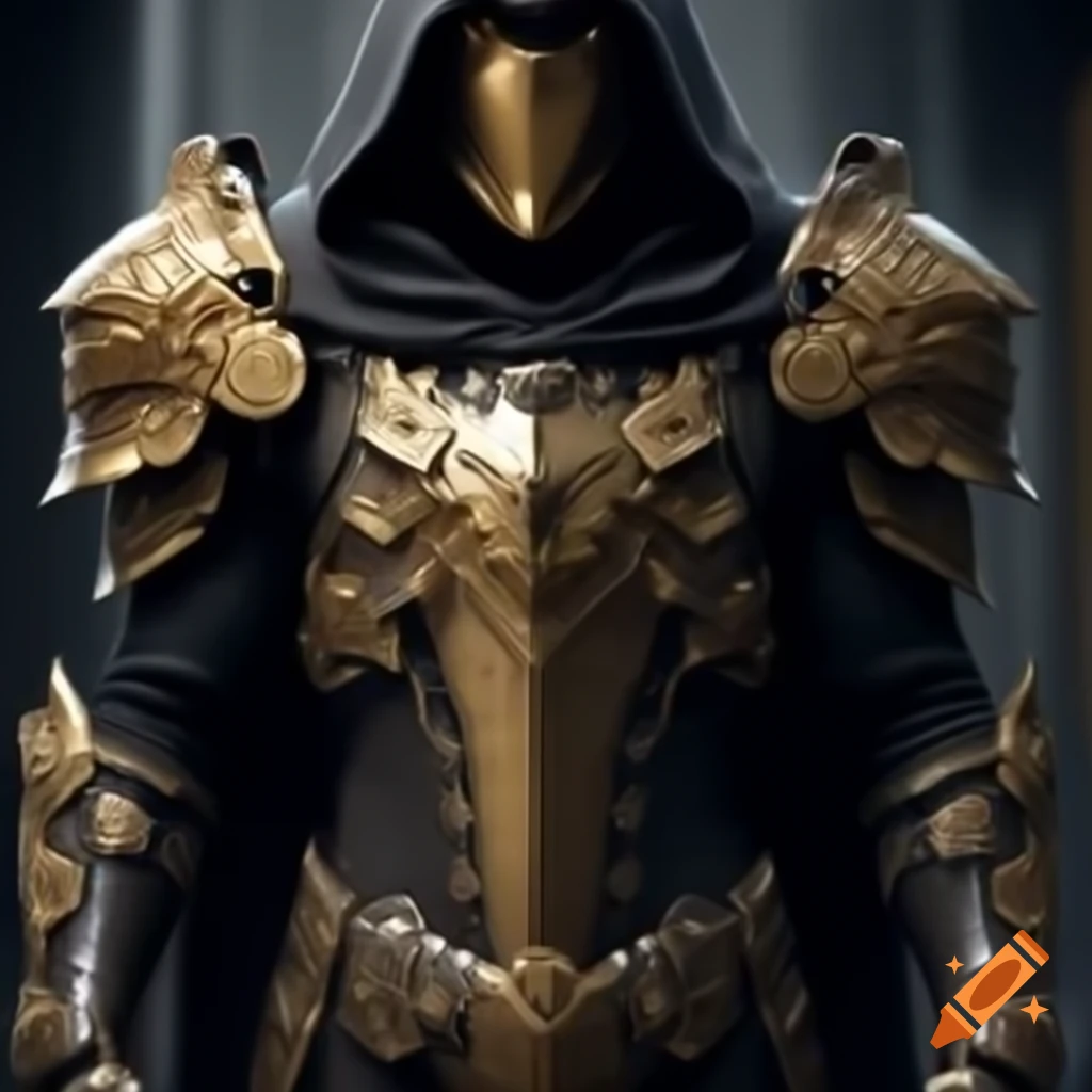 Soldier in baroque-style futuristic combat armor with gold decorations and black cape