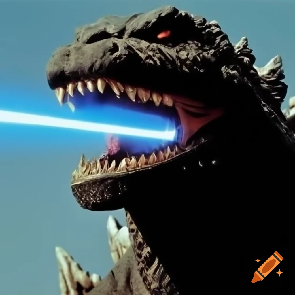 Close-up of 1970s Godzilla's head shooting blue beam in retro comic style