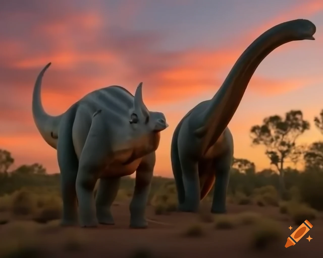 Cinnamon and grey striped hadrosaurus in Australia outback during golden hour