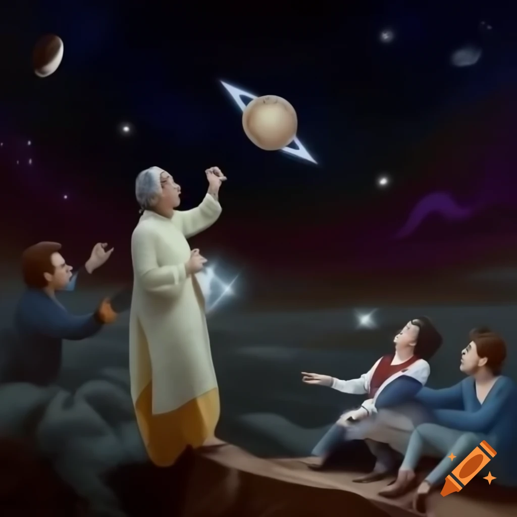 Surreal cosmic dream war scene with hovering images and characters