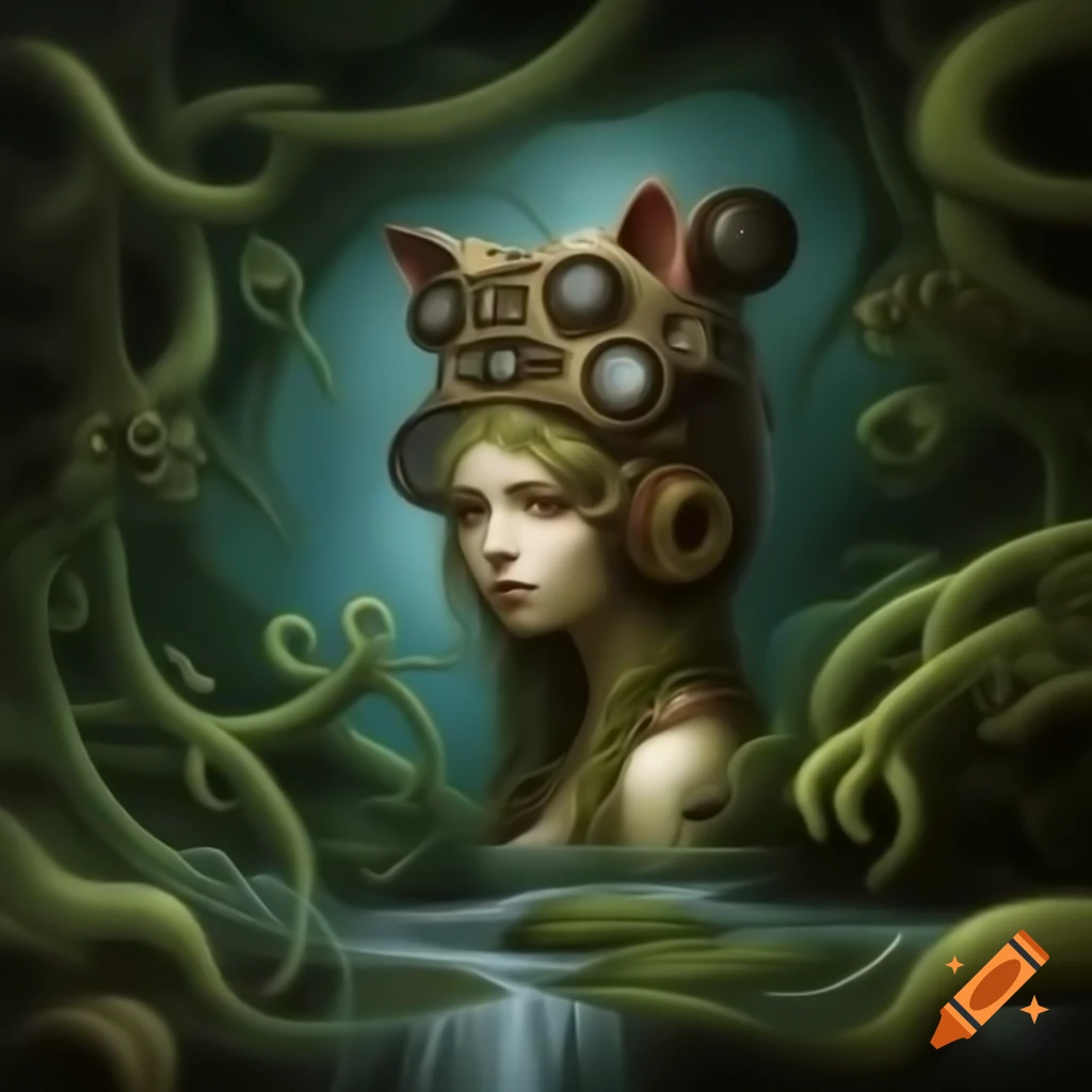 Surreal mezzotint of a cat-head girl surrounded by steampunk elements and underwater scenery