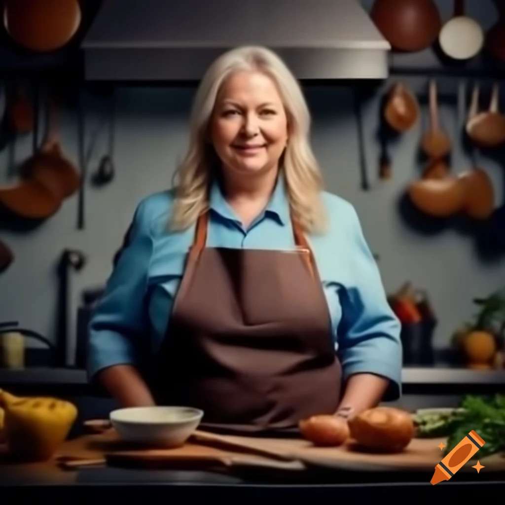 Professional female cook in modern kitchen, friendly expression