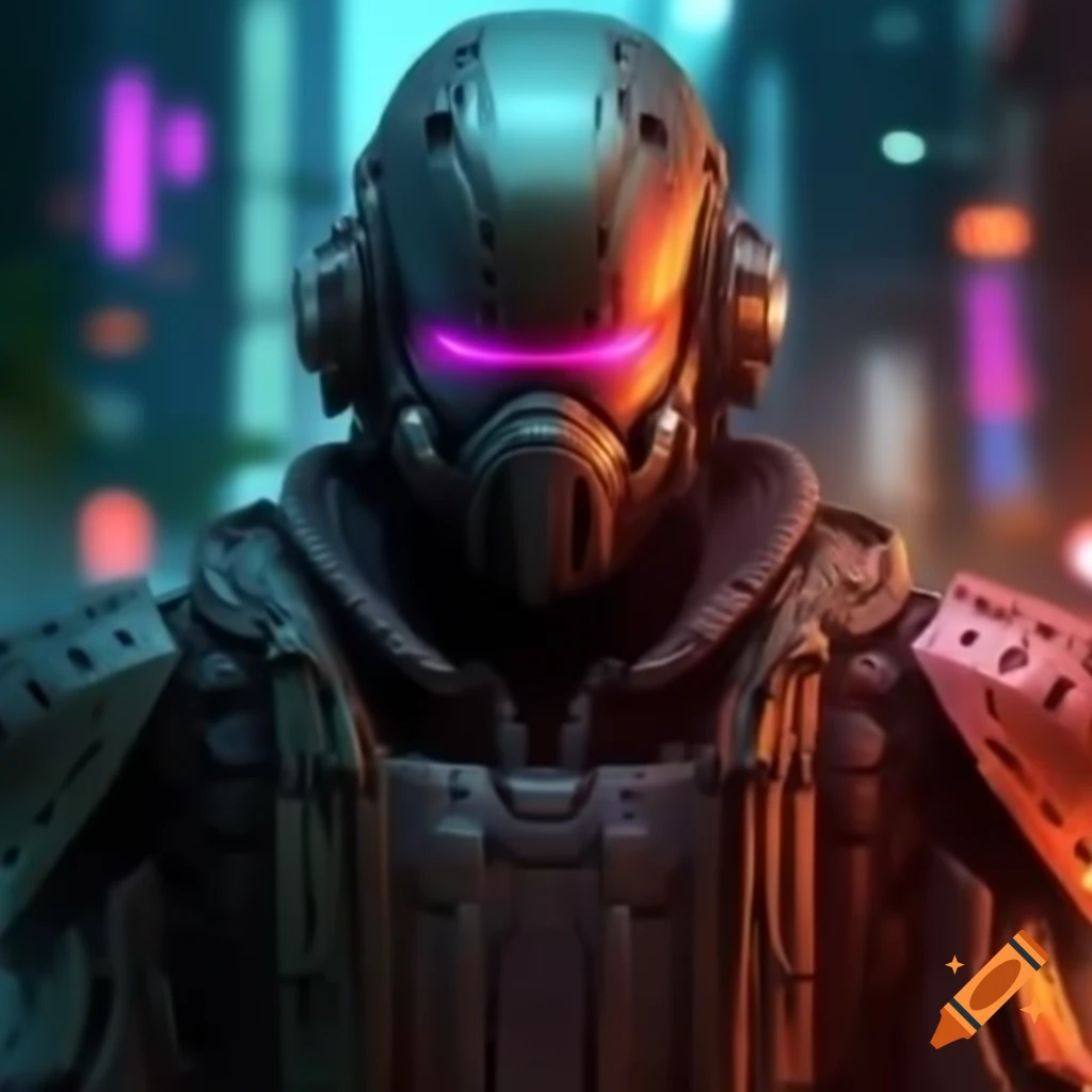 Cyborg ninja warrior in futuristic urban jungle with vibrant reds and purples