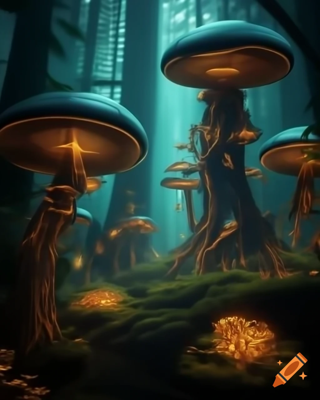 Surreal biopunk forest with glowing bioluminescent trees