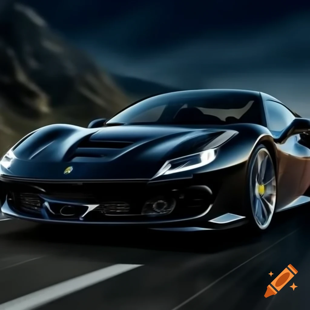 Black Ferrari driving along mountain road at night