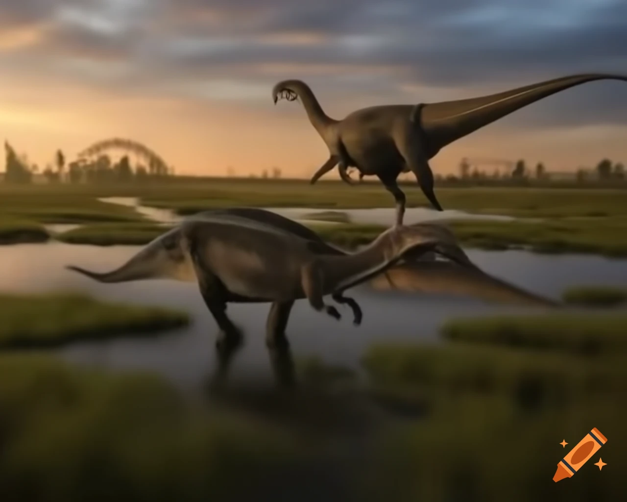 Hadrosaurus moving through marshland during golden hour