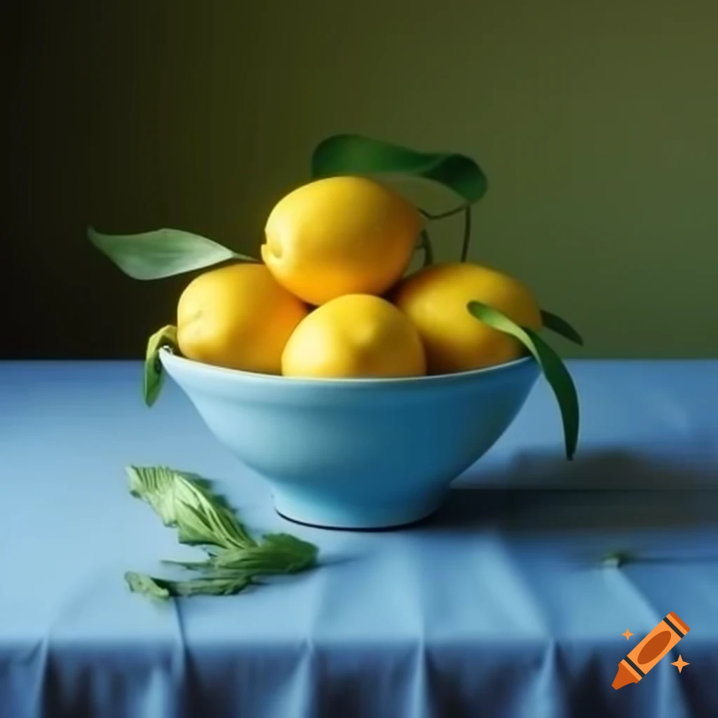 Lemons in blue bowl on tablecloth with herbs
