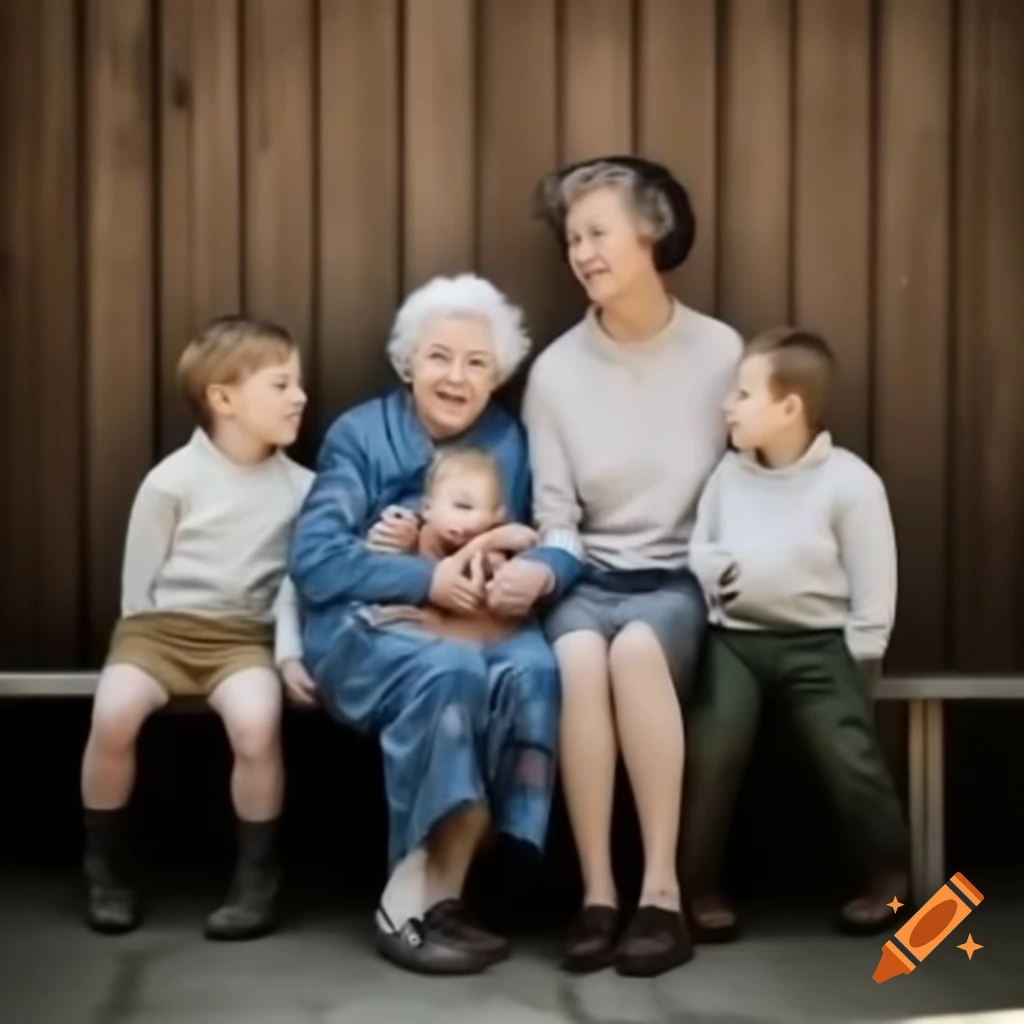 Grandparents sitting on bench with three grandchildren