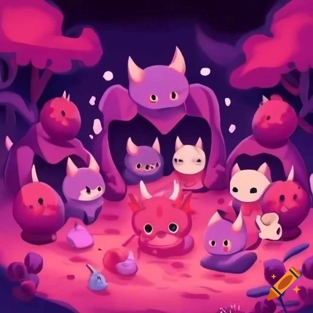 Cute devil horned kittens in pink and purple themed hell, anime style