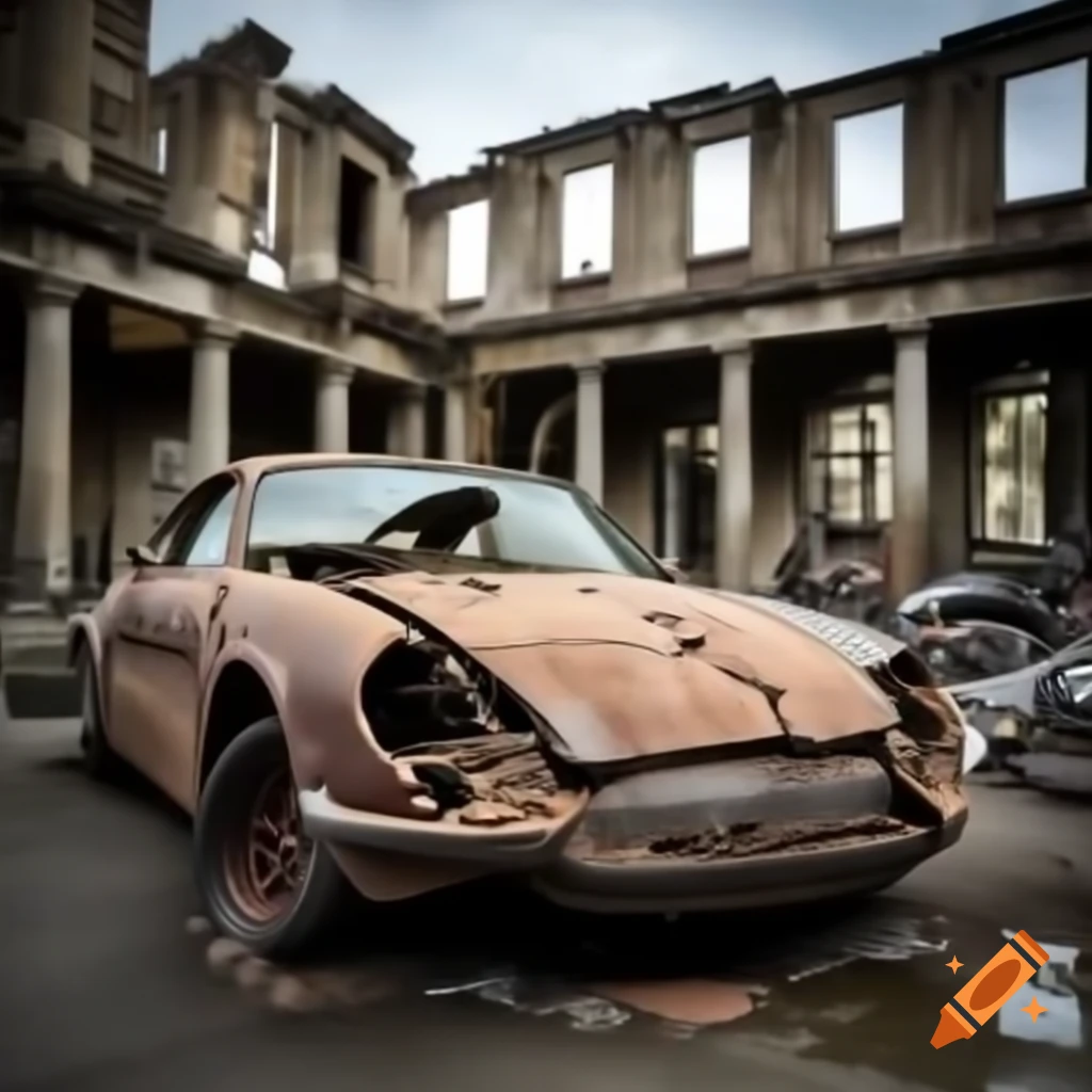 Wrecked rusty Alpine A110 in abandoned commercial building