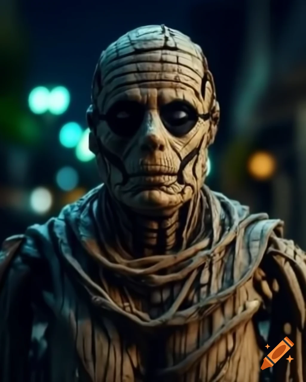 Photorealistic robot mummy in menacing pose at night outside Egyptian structure