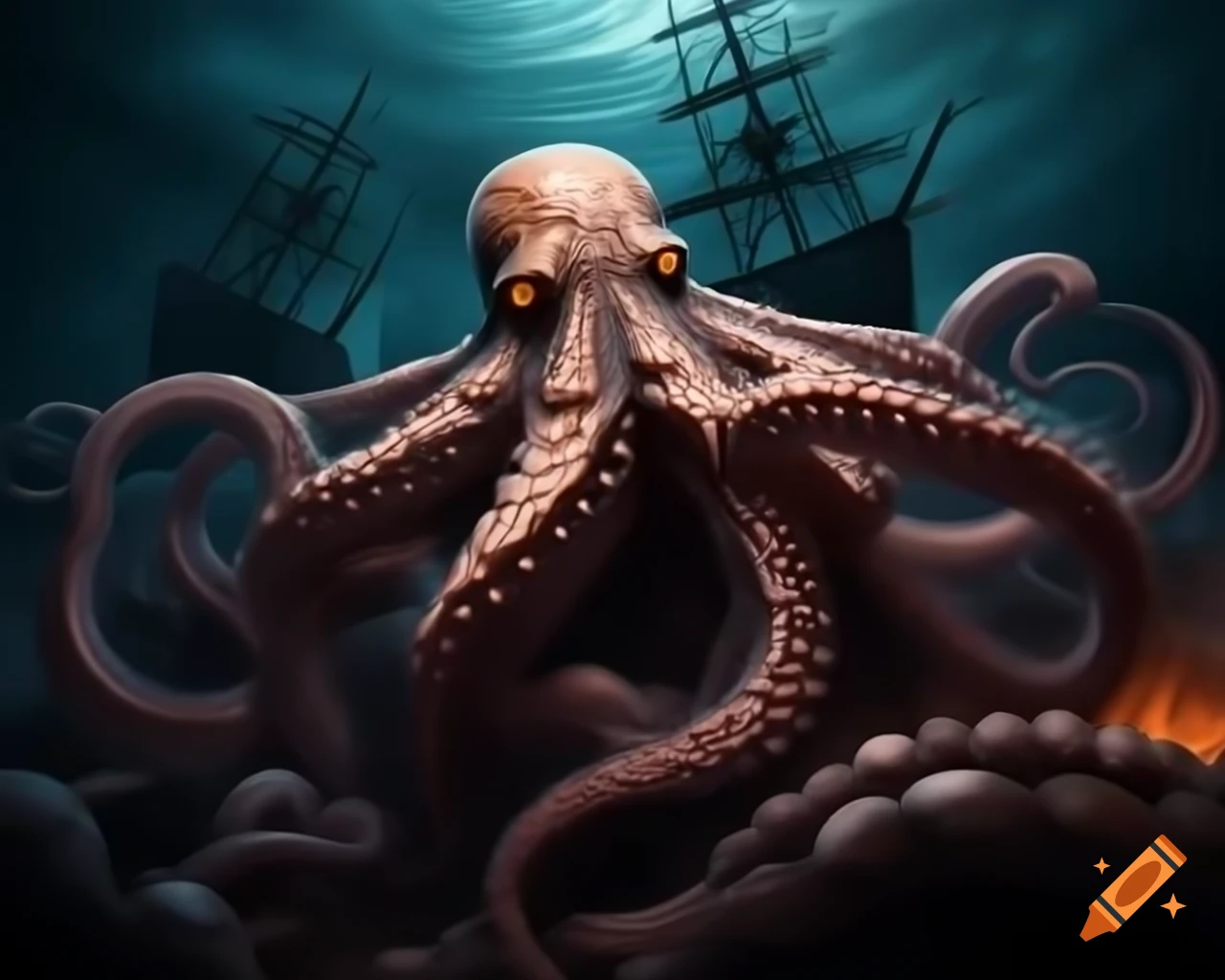 Lovecraftian octopus attacking pirate ship in dark fantasy art
