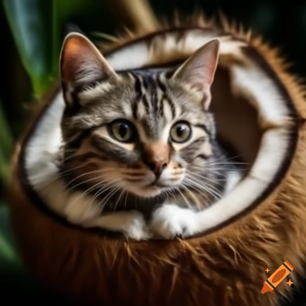 Detailed illustration of a cat inside a coconut