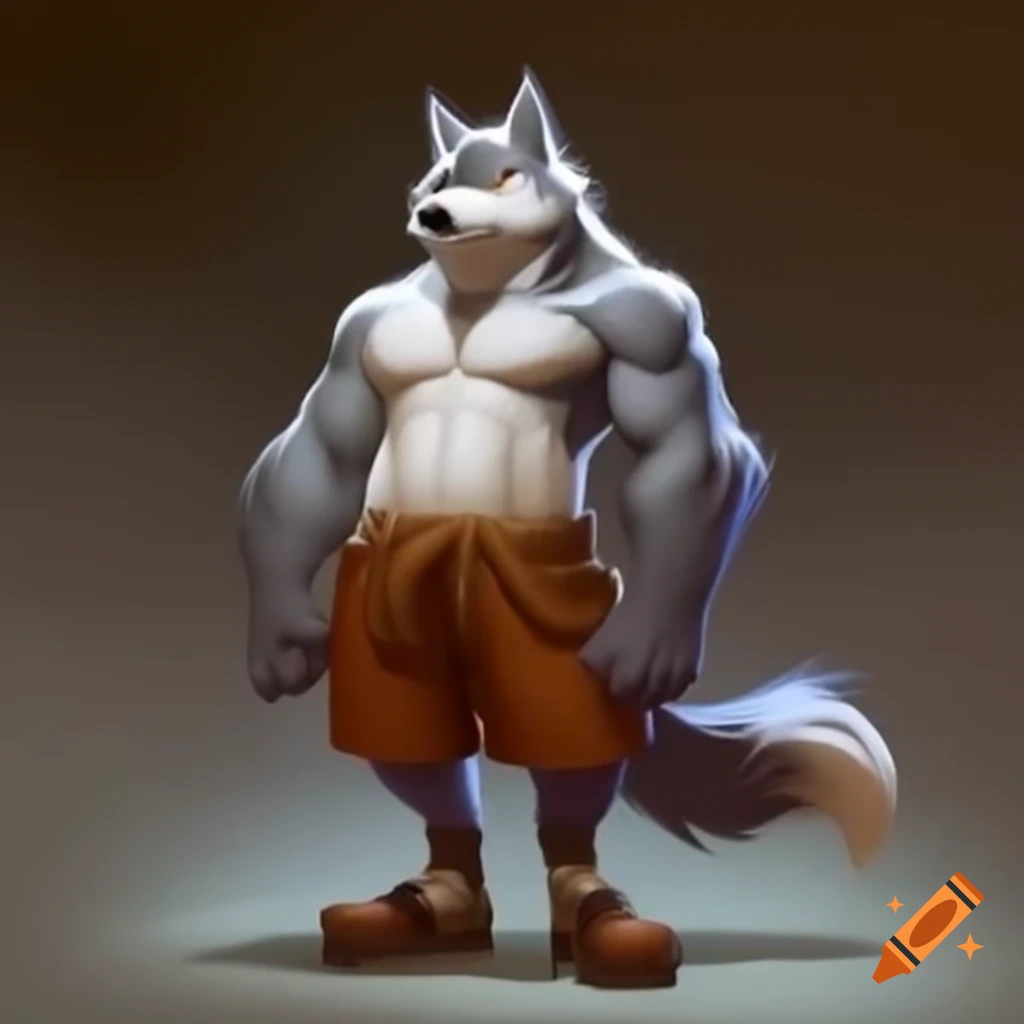 Anthropomorphic wolf in shorts and shoes