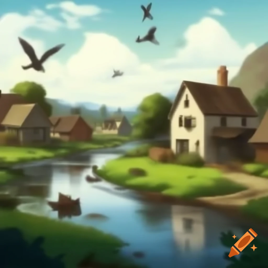 Scenic village background with running river and flying birds