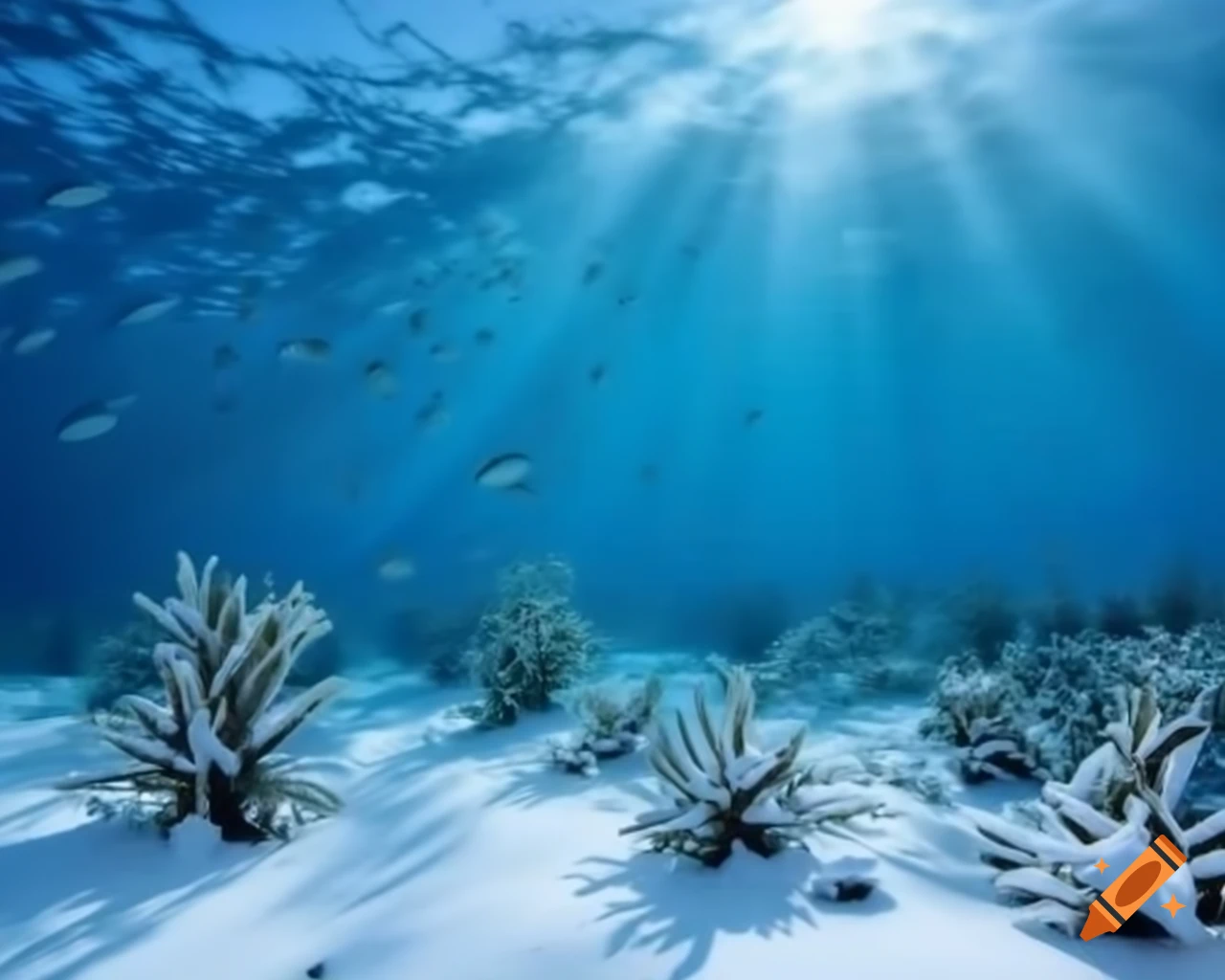 Snowy marine scene with vegetation and fish in photo realistic detail