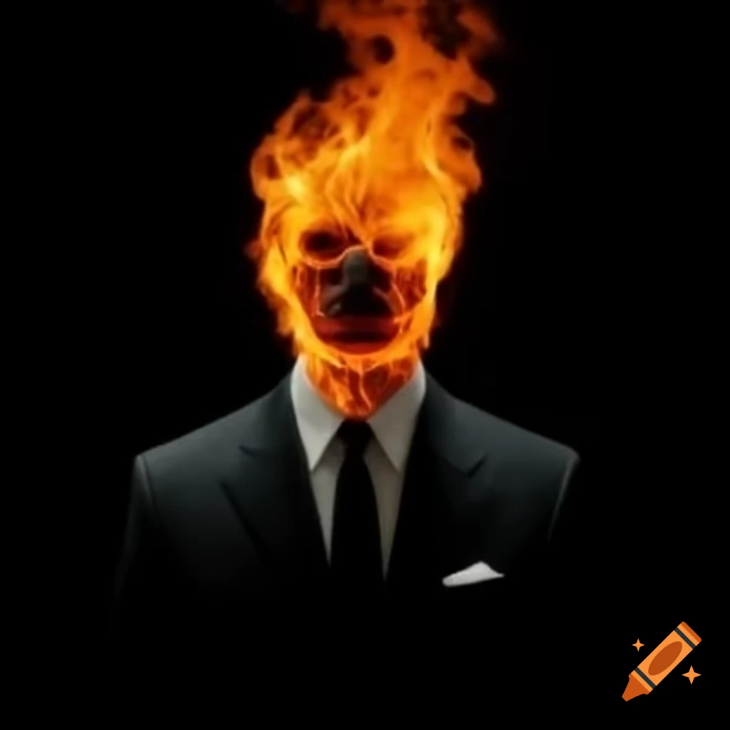 Man in black suit with face illuminated by fire in dark setting